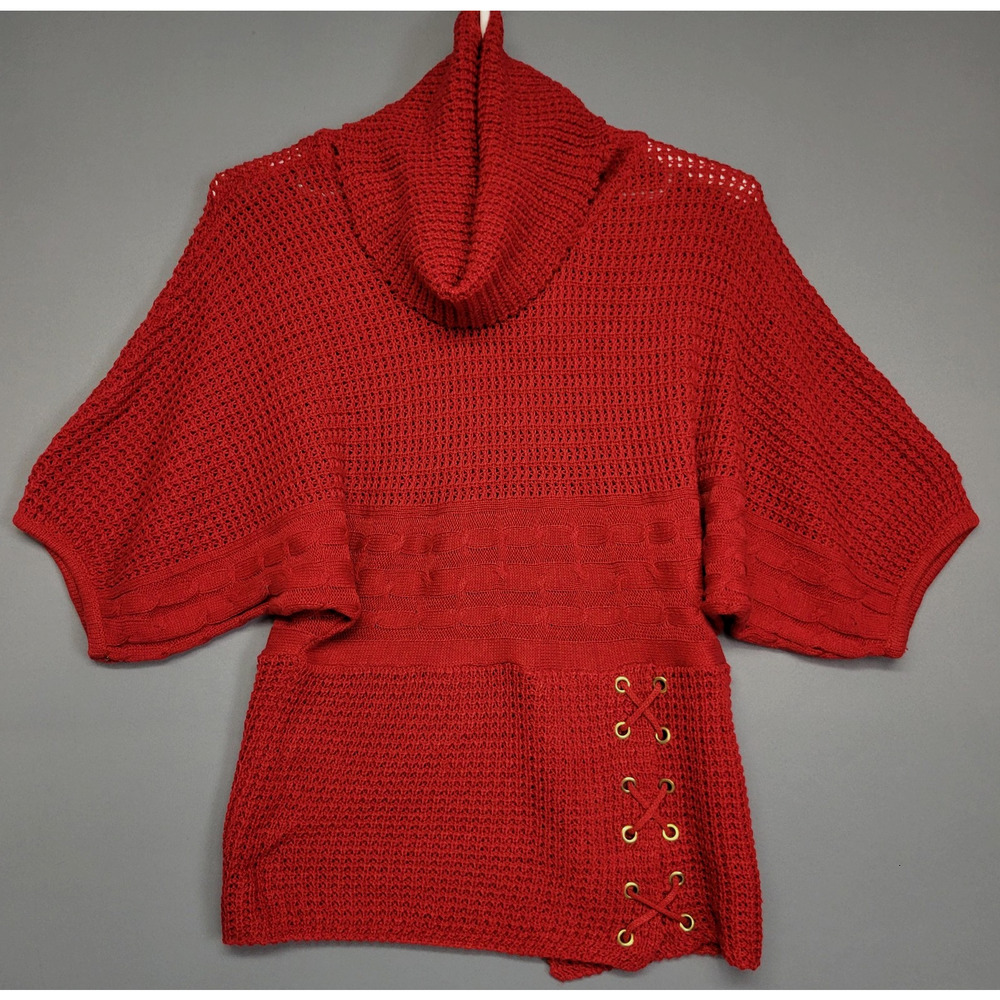 Jennifer Lauren Sweater Womens L Red Open Knit Side Lace Up Dolman Cowl Neck